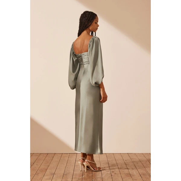Shona Joy Luxe Ruched Bodice Long Sleeve Midi Dress - Eucalyptus
