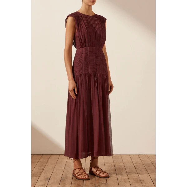 Shona Joy Marquis Ruched Panelled Sleeveless Midi Dress - Deep Wine