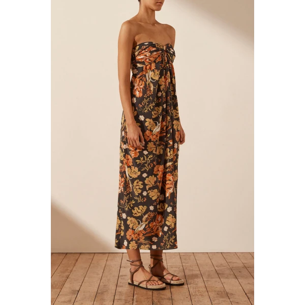 Shona Joy Okala Silk Strapless Knot Midi Dress