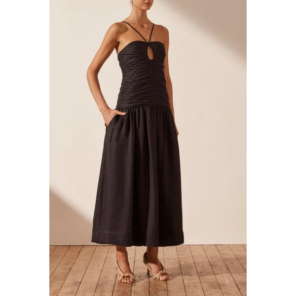 Shona Joy Thea Linen Keyhole Midi Dress - Black
