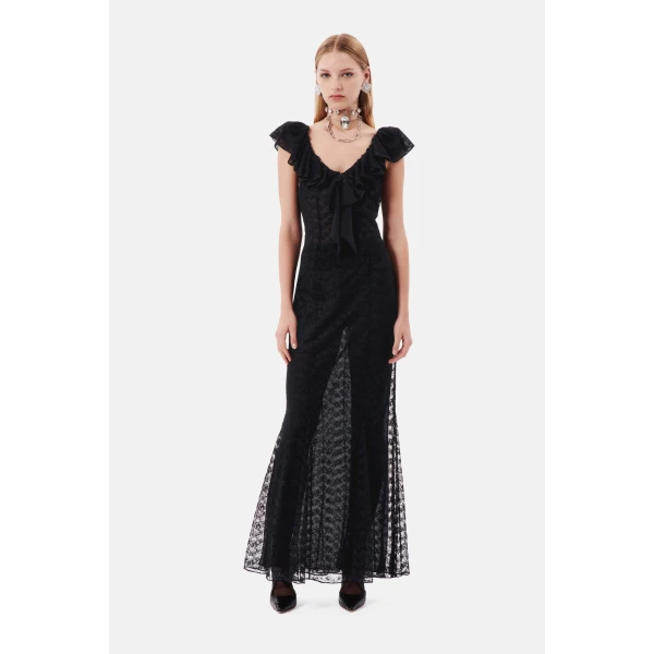 Lace Evening Dress With Volant Collar And Bow - Image 2