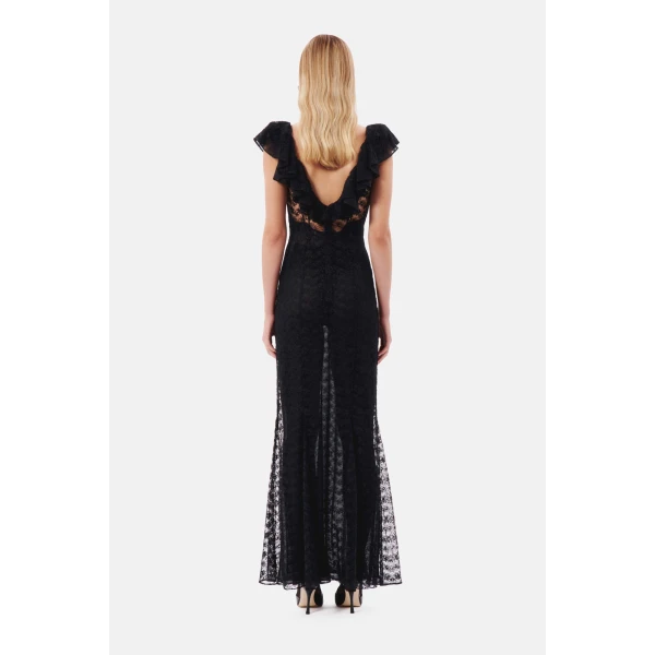 Lace Evening Dress With Volant Collar And Bow - Image 5