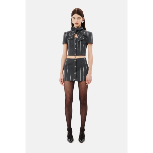Light Wool Pinstripe Low Waist Mini Skirt, Buttons - Image 2