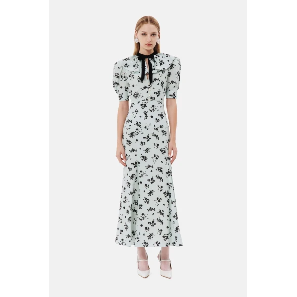 Rose Print Silk Dress With Volant Collar And Bow - Image 2