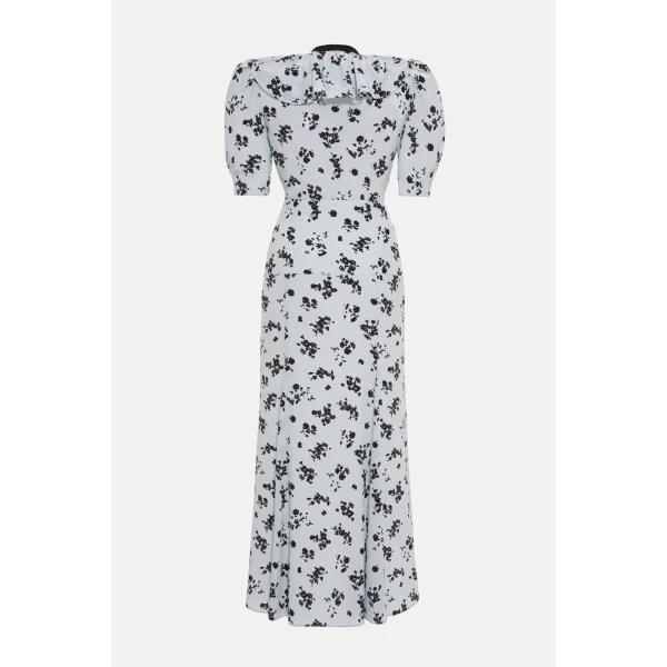Rose Print Silk Dress With Volant Collar And Bow - Image 3