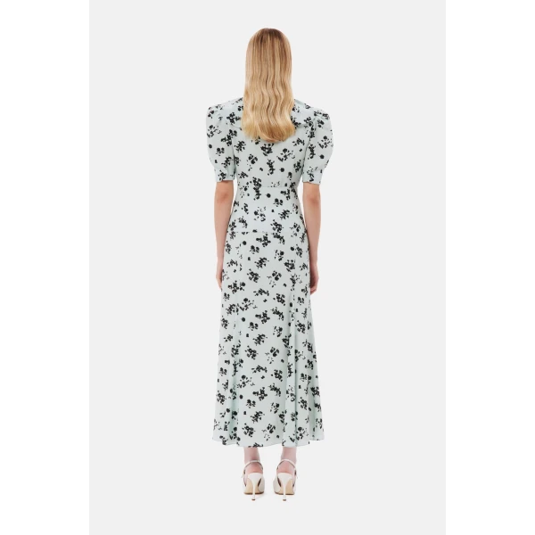 Rose Print Silk Dress With Volant Collar And Bow - Image 5