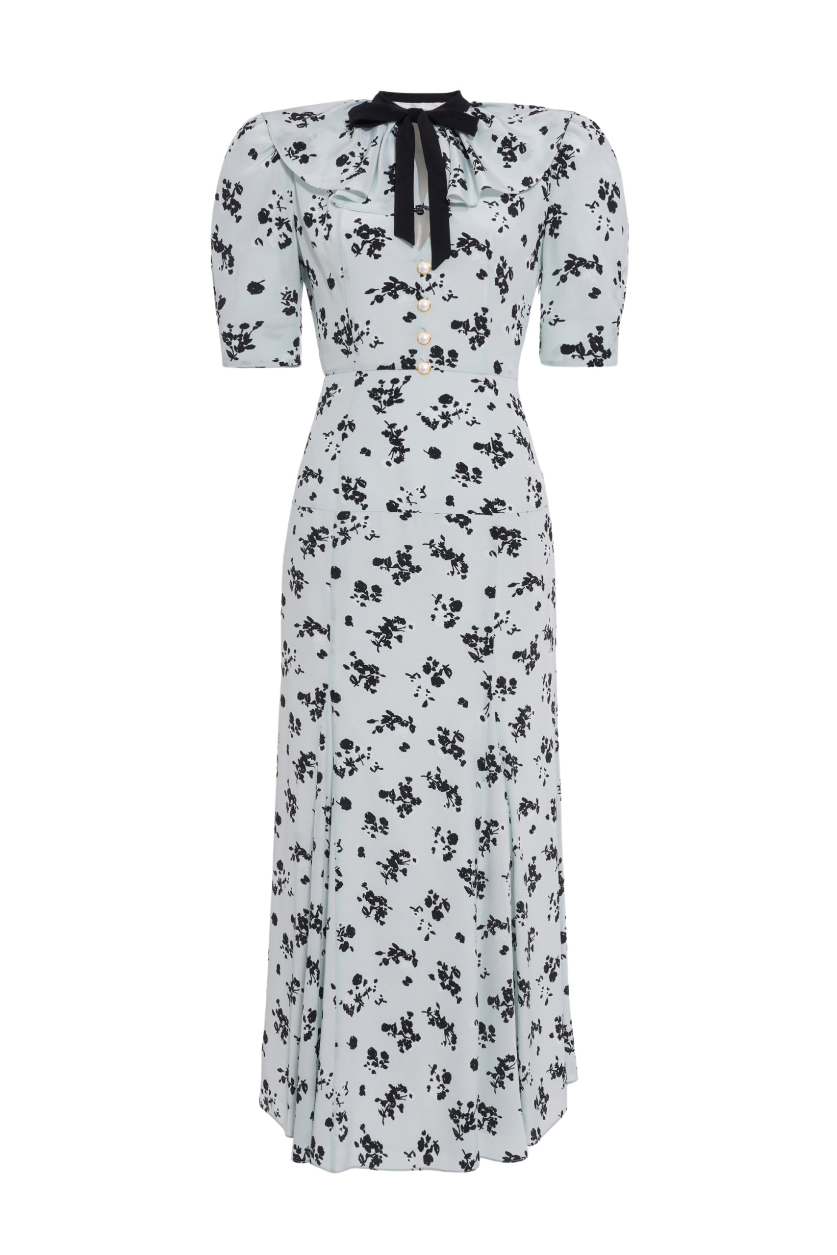 Alessandra Rich Rose Print Silk Dress With Volant Collar And Bow