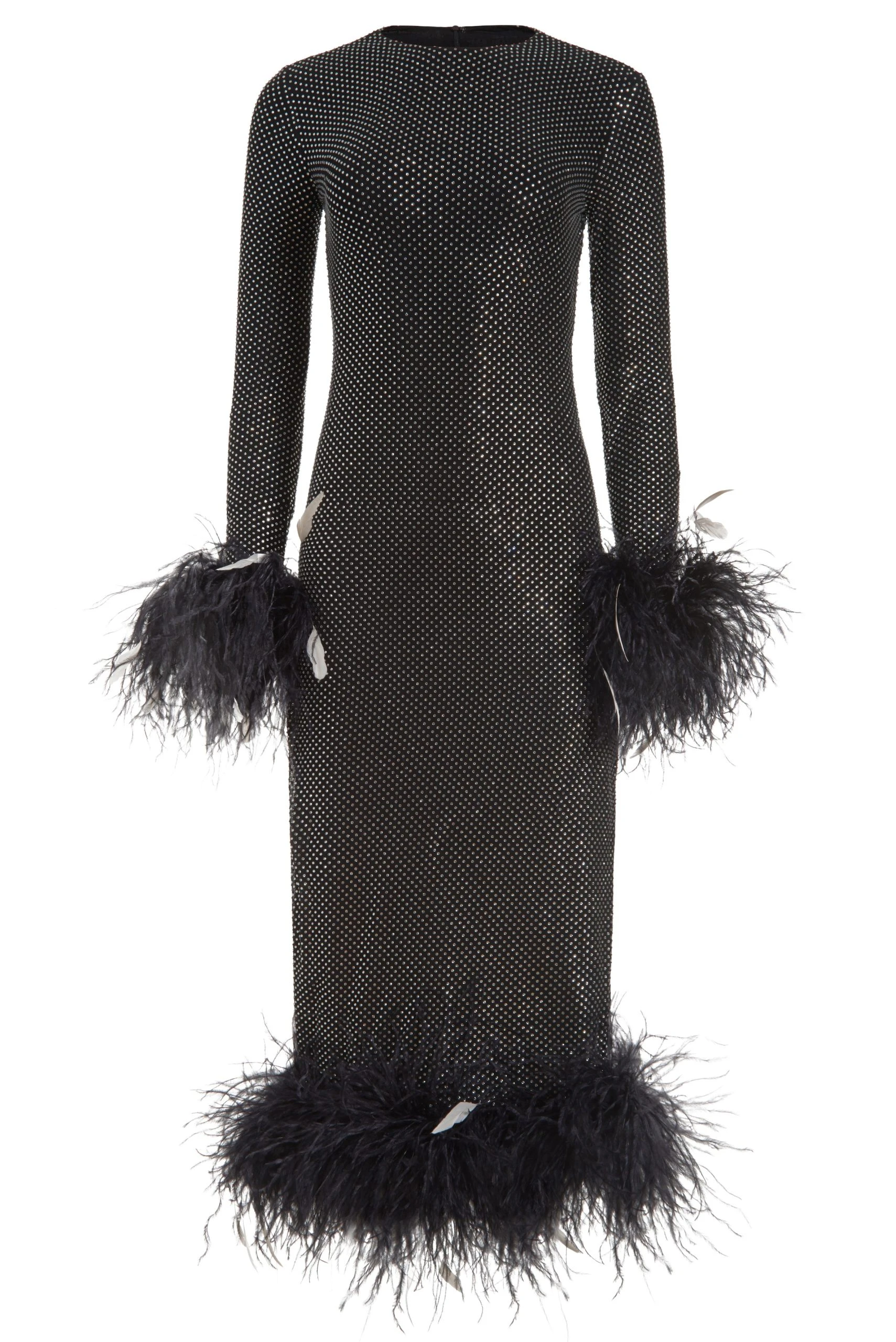 Markarian Aretha Crystal Long Sleeve Midi Dress With Feather Trim Markarian