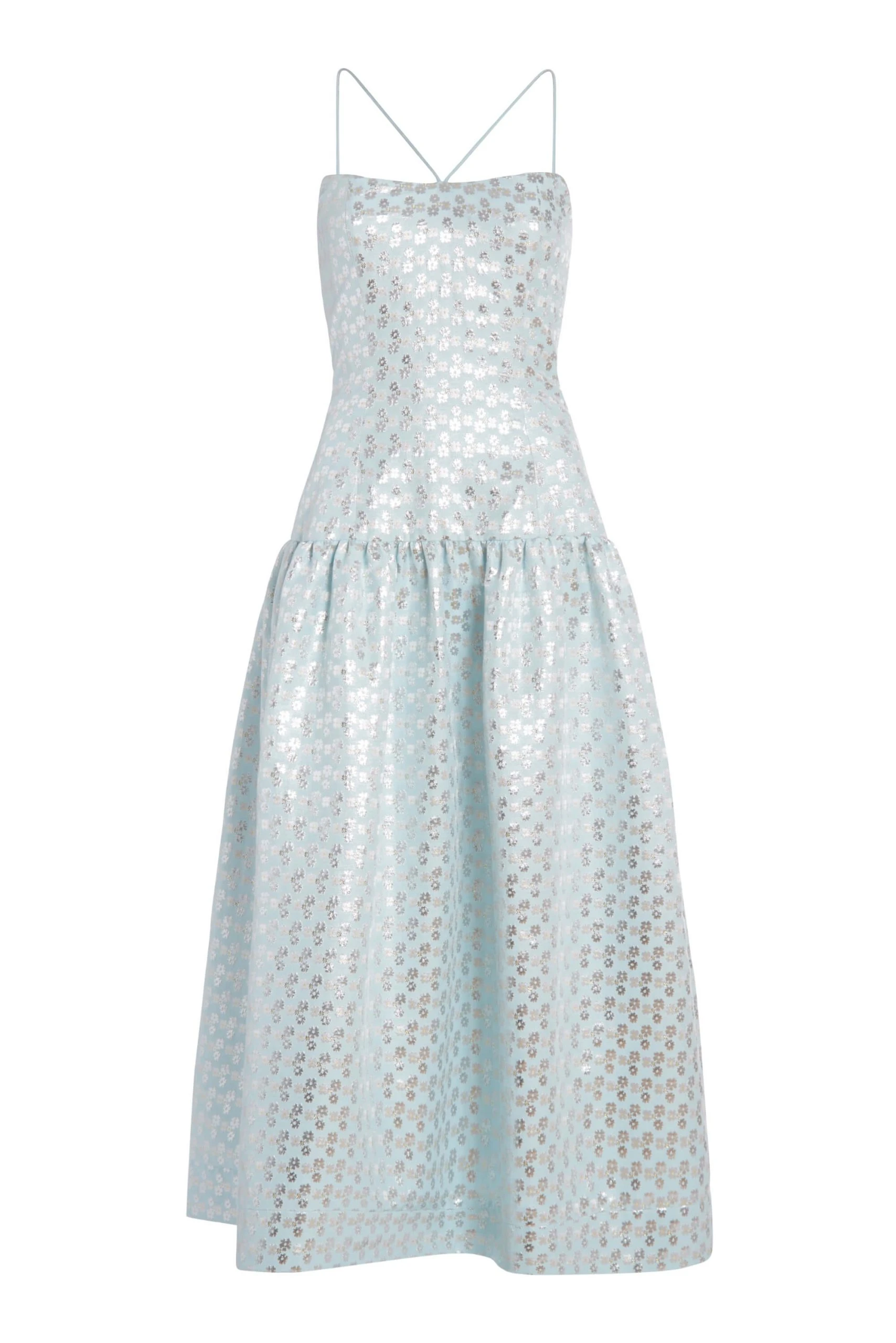 Markarian Coralie Ice Blue Daisy Brocade Drop Waist Full Skirt Midi Dress Markarian
