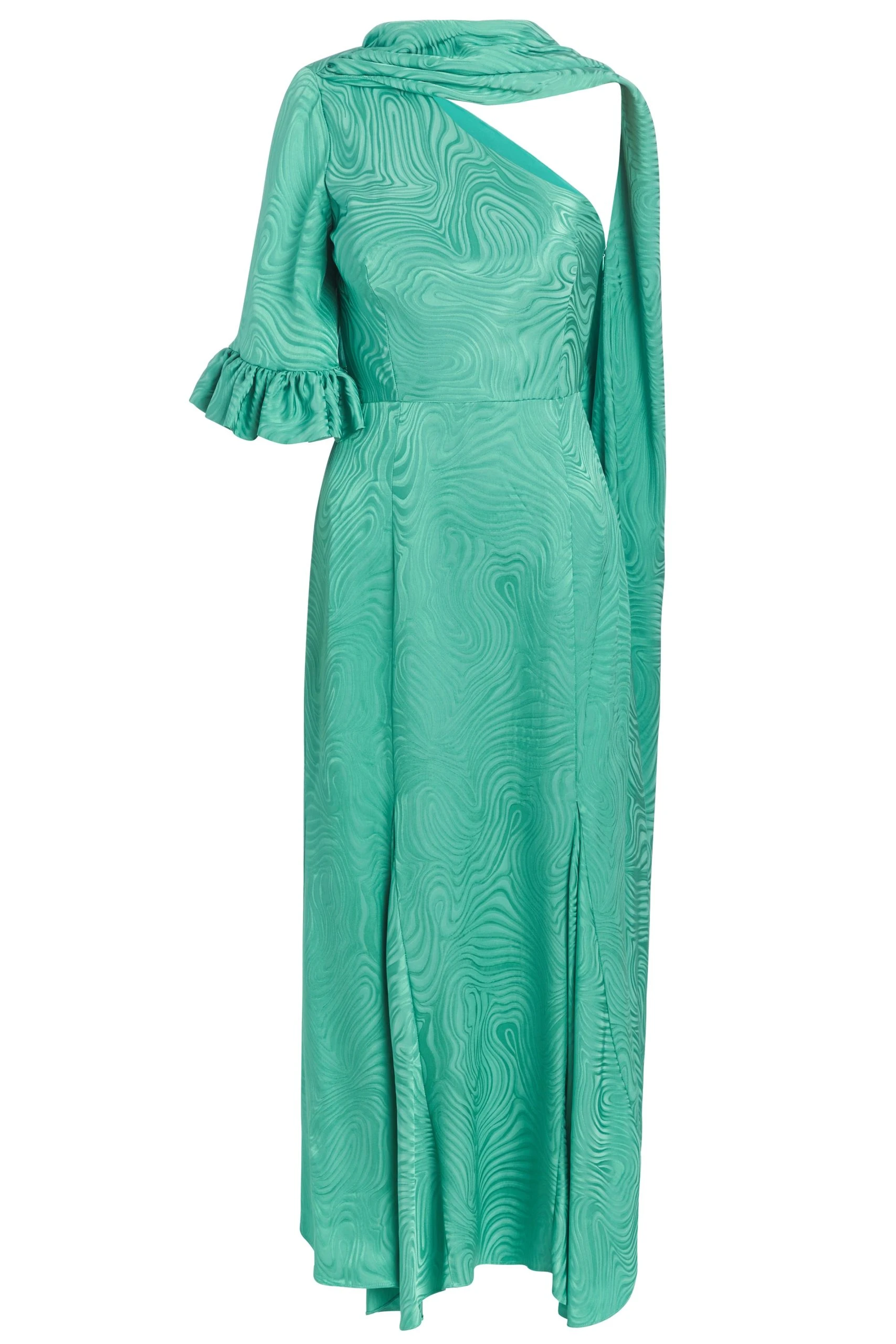 Markarian Fitzgerald Jade Woodcut Jacquard One Shoulder Ruffle Sleeve Midi Dress With Scarf Markarian