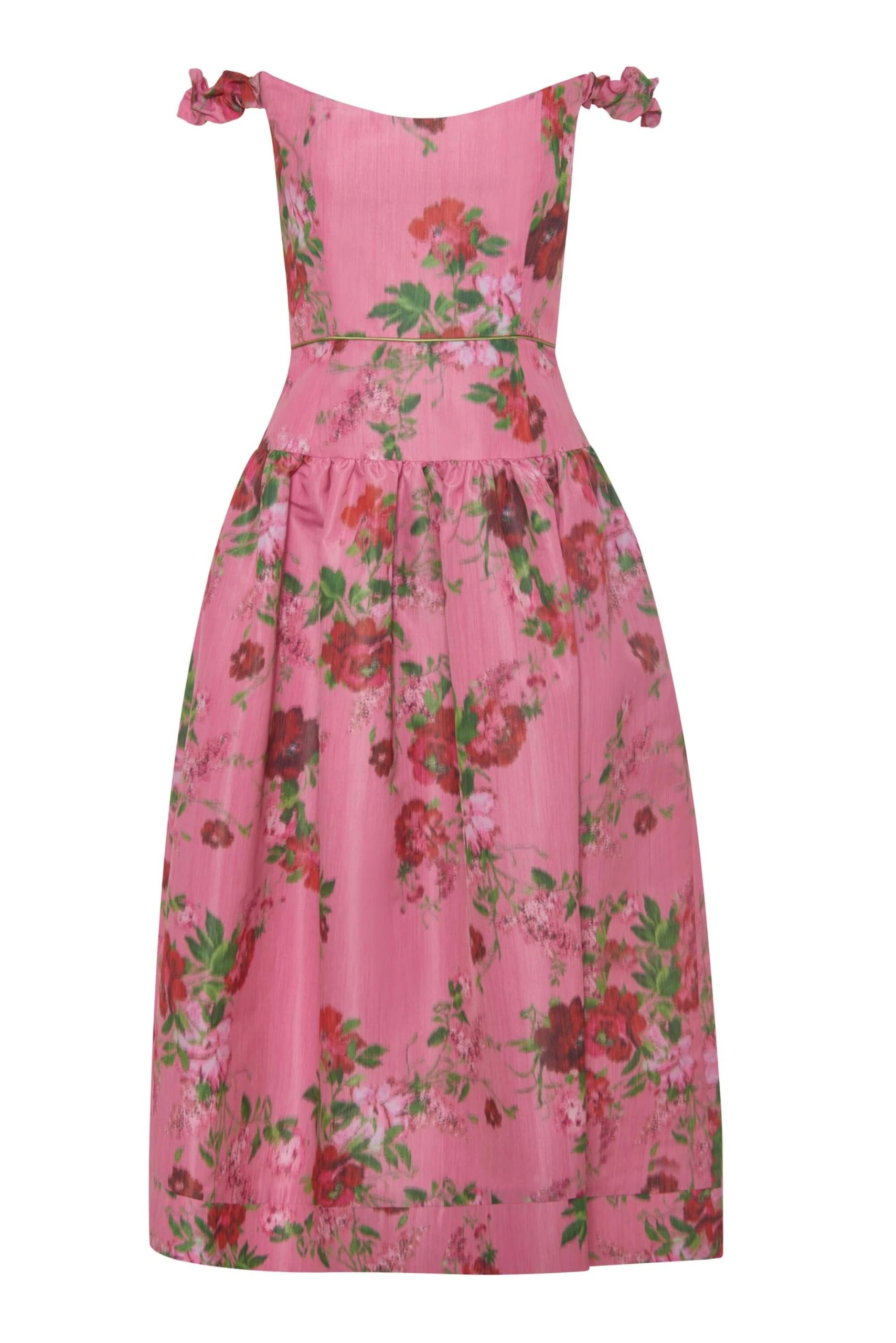 Markarian Giorgia Pink Floral Ikat Drop Waist Off-The-Shoulder Midi Dress Markarian