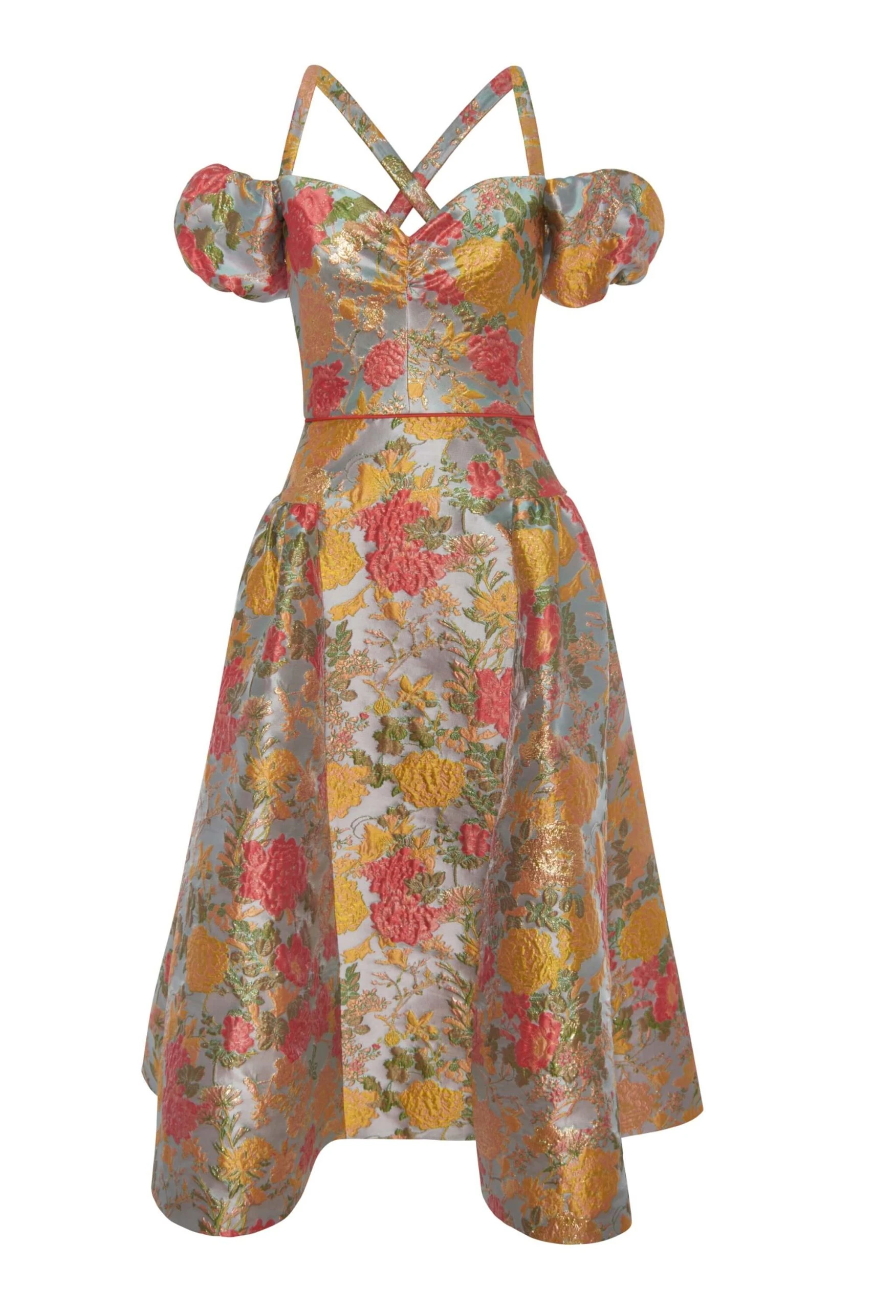 Markarian Jackie Floral Jacquard Off-The-Shoulder Puff Sleeve Drop Waist Midi Dress Markarian