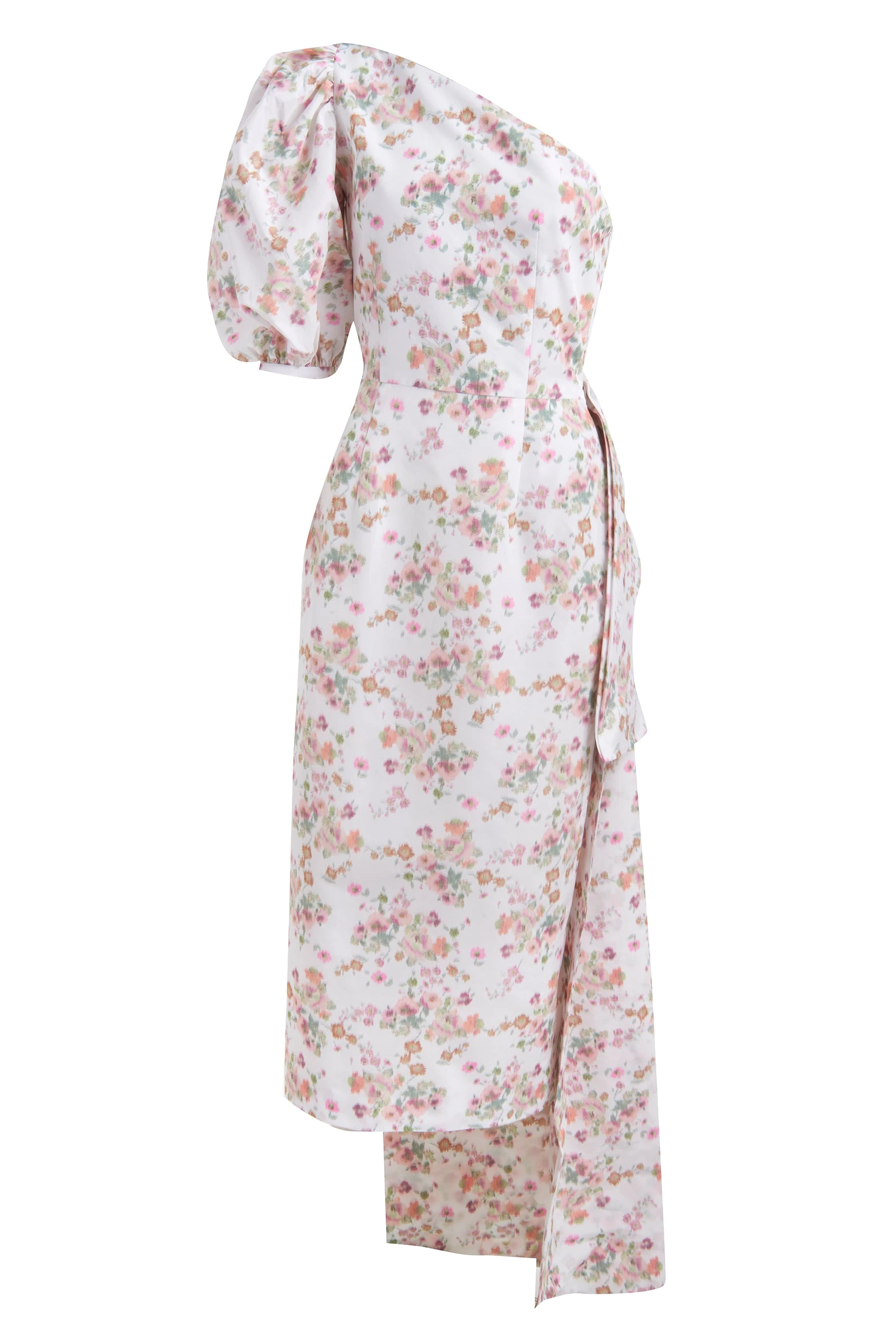 Markarian Laurel One-Shoulder White Ikat Floral Dress with Sash Train Markarian