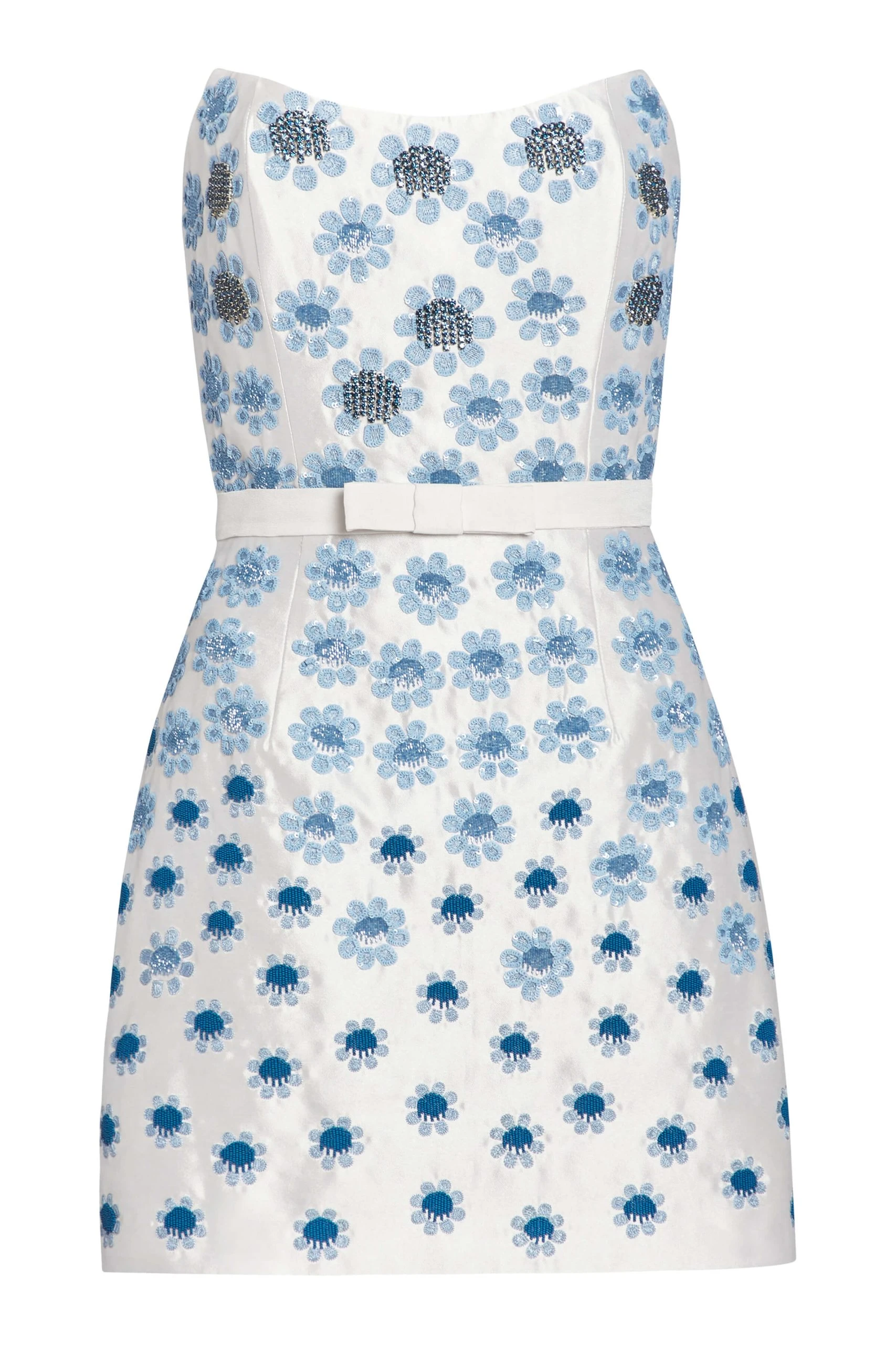Markarian Lulu White Silk Mini Dress With Blue Daisy Beading Markarian