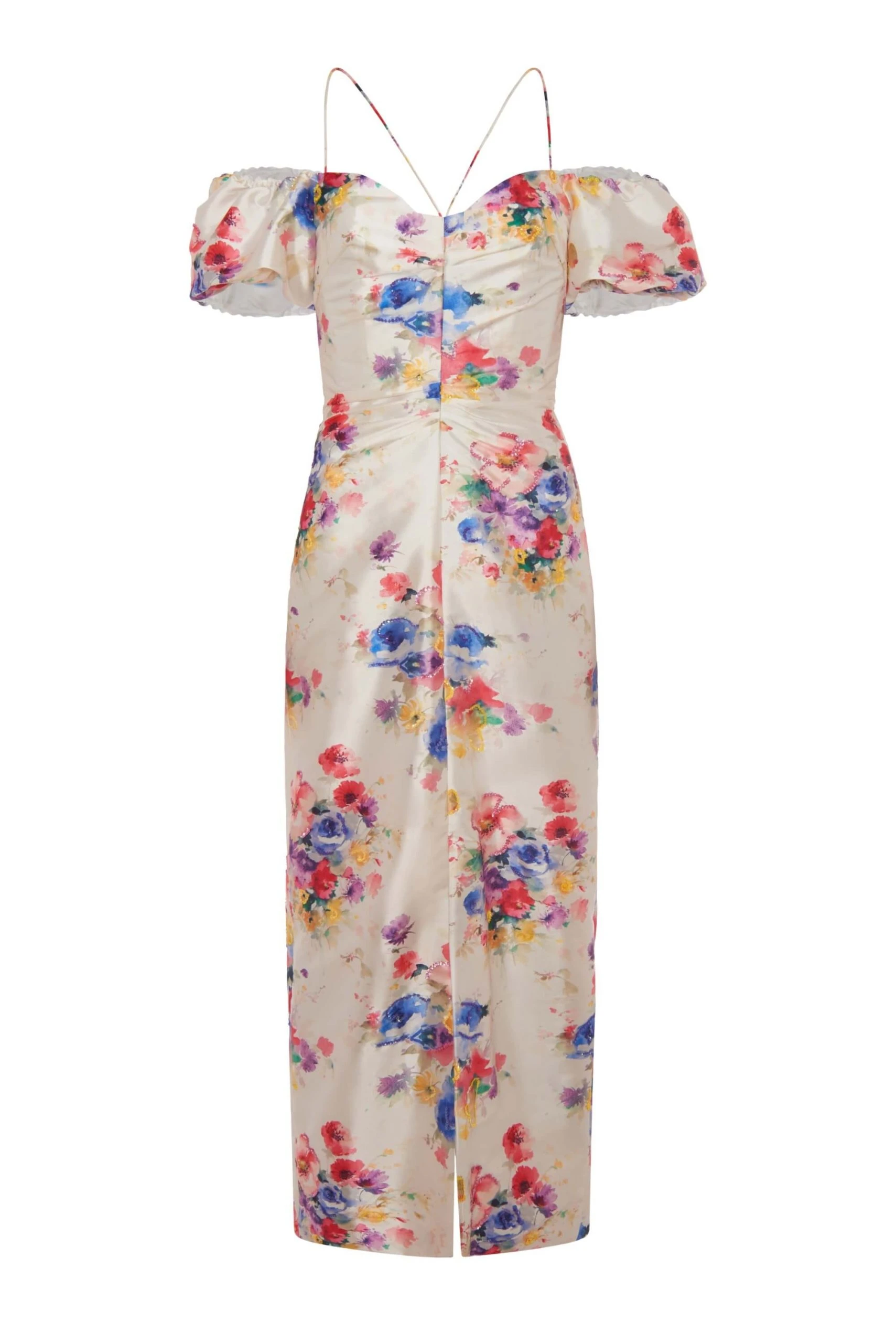 Markarian Palma Multicolor Beaded Floral Off-The-Shoulder Ruched Dress Markarian