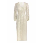 Markarian Phyllis Champagne Sequin V Neck Blouson Sleeve Midi Dress Markarian