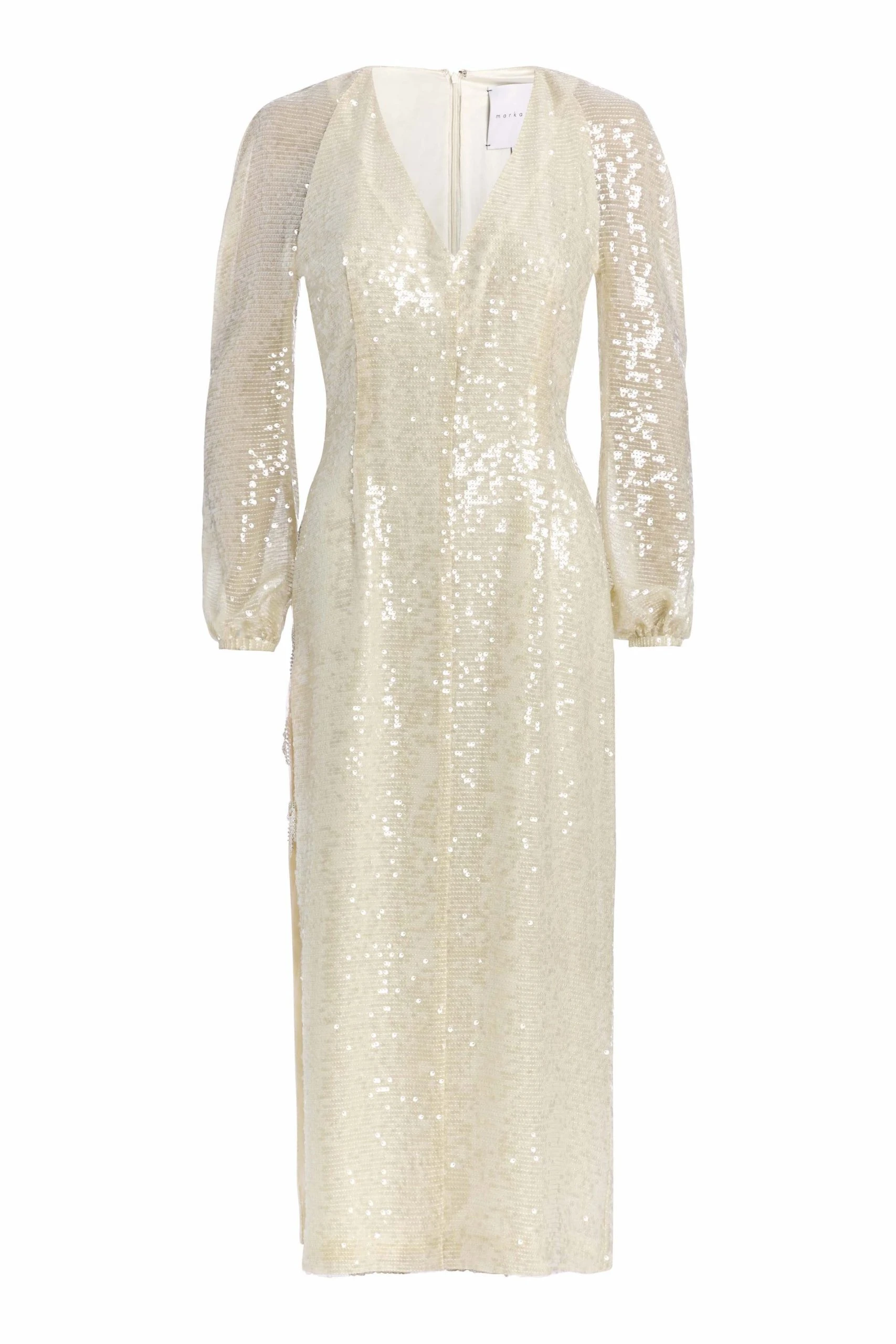 Markarian Phyllis Champagne Sequin V Neck Blouson Sleeve Midi Dress Markarian