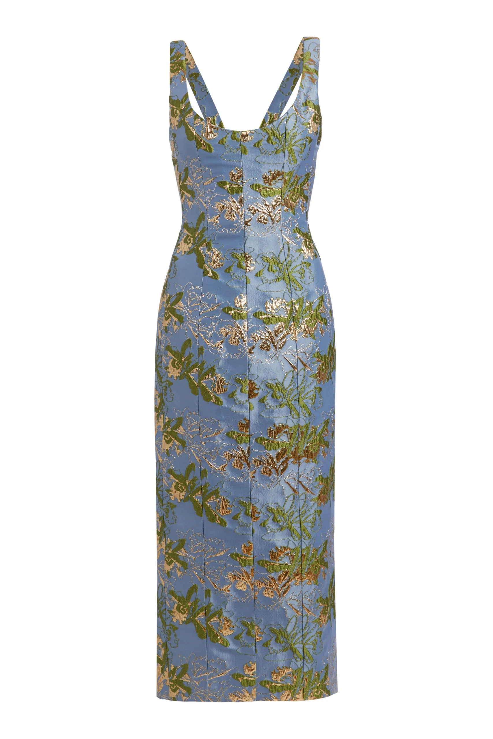 Markarian Sommer Blue Metallic Brocade Paneled Corset Midi Dress Markarian