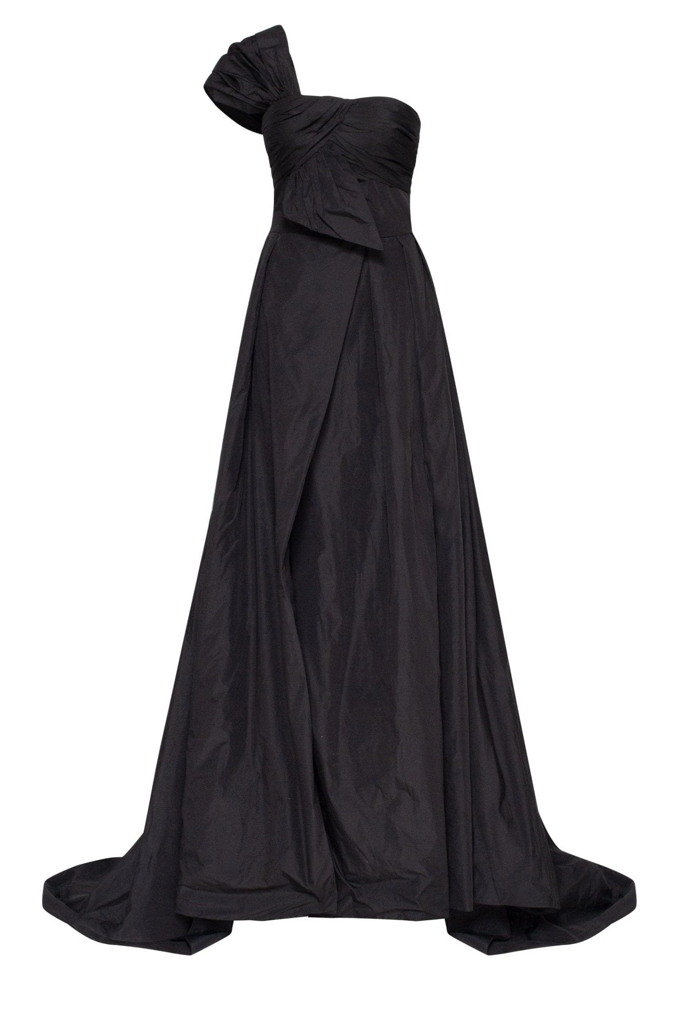 Milla Black taffeta evening gown with a high slit and one-shoulder wrap top Milla dress