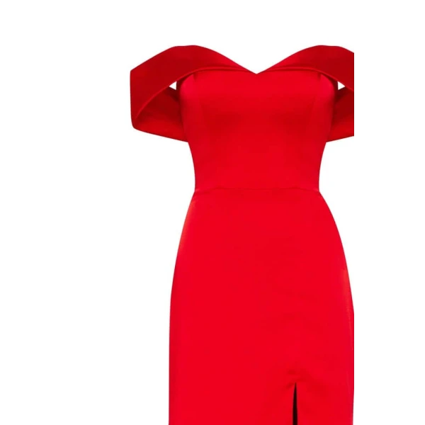 Classy drop-shoulder red satin dress - Image 7