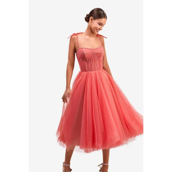 Coral Tie-strap cocktail dress with the elegant corset embroidery - Image 7