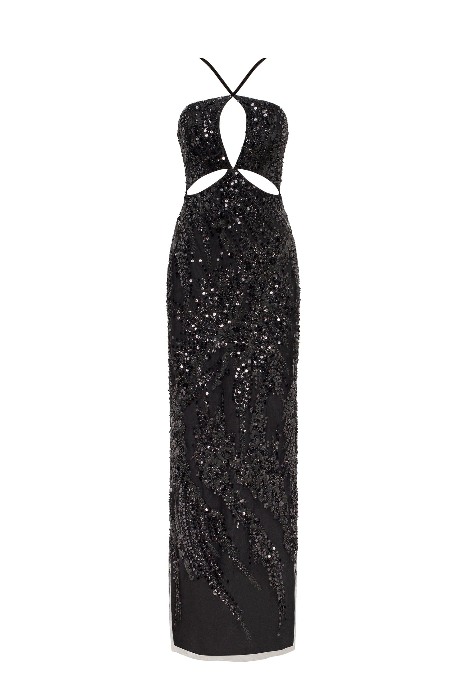 Milla Cut-out halterneck black maxi covered in sequins Dress