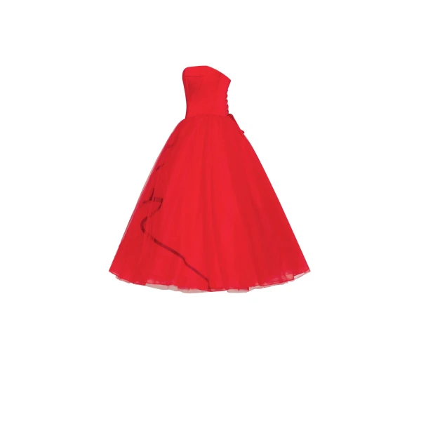 Dramatic red organza dress adorned with Milla's signature and black gloves, Xo Xo - Image 7