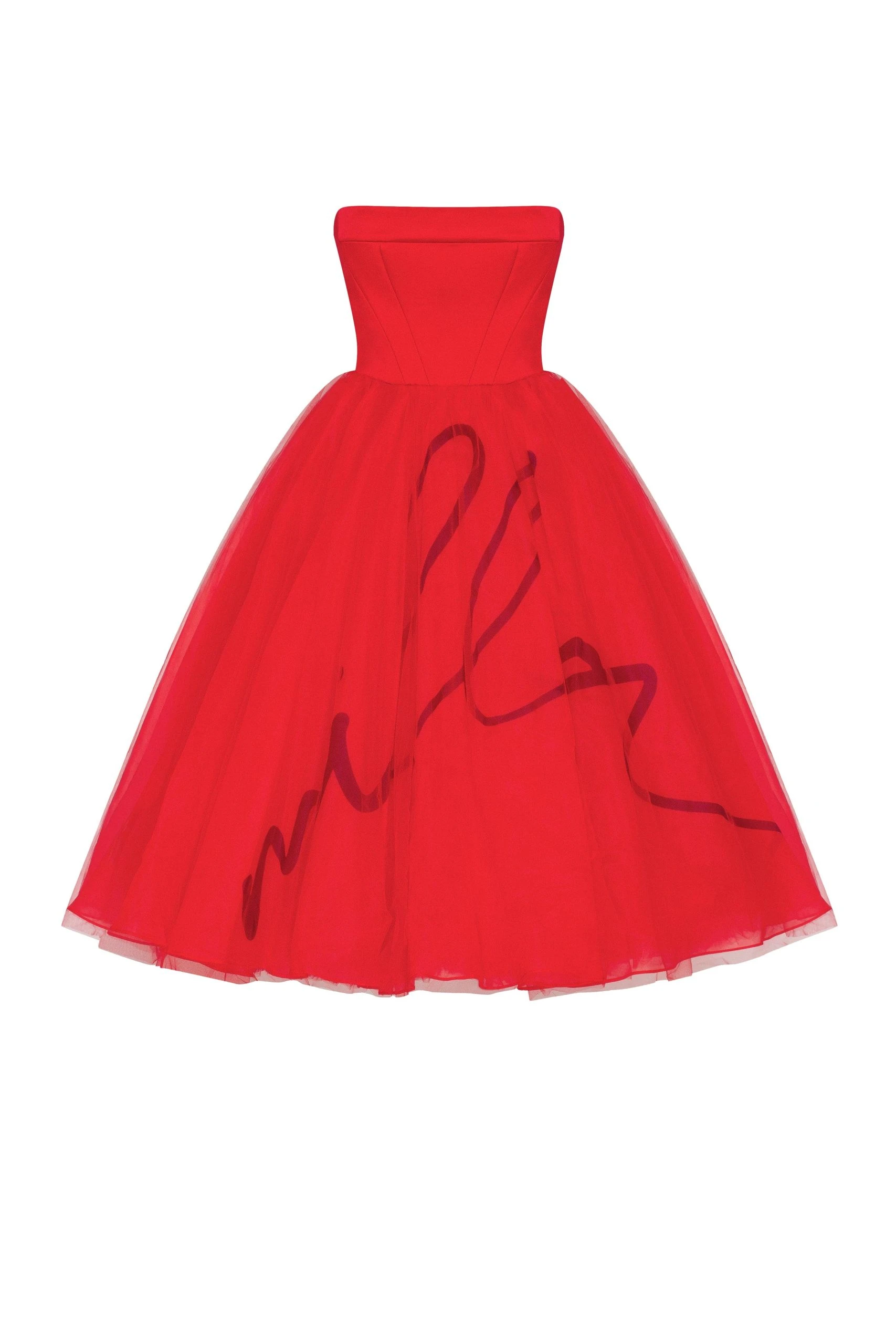 Milla Dramatic red organza dress adorned with Milla's signature and black gloves Milla dress