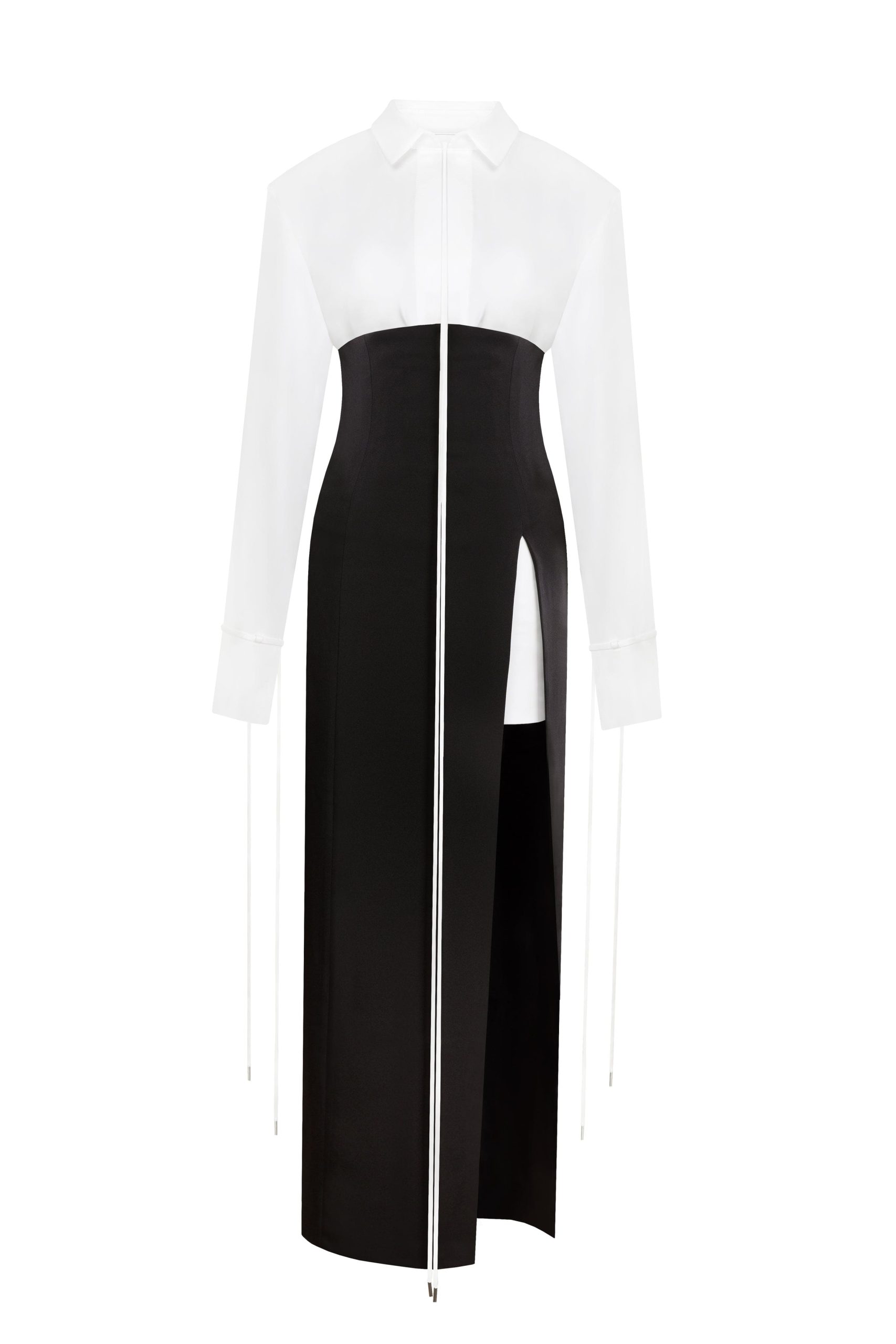 Milla Elegant 3-piece set with white silk blouse, white mini skirt, and black crepe maxi skirt, Xo Xo