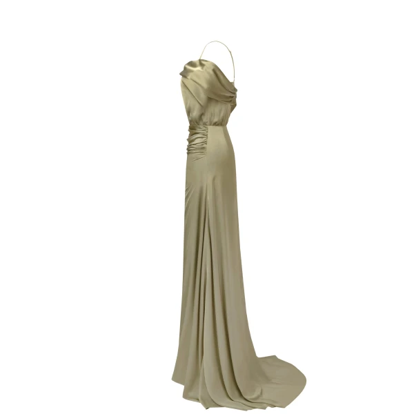 Elegant olive off-the-shoulder silk maxi dress - Image 7