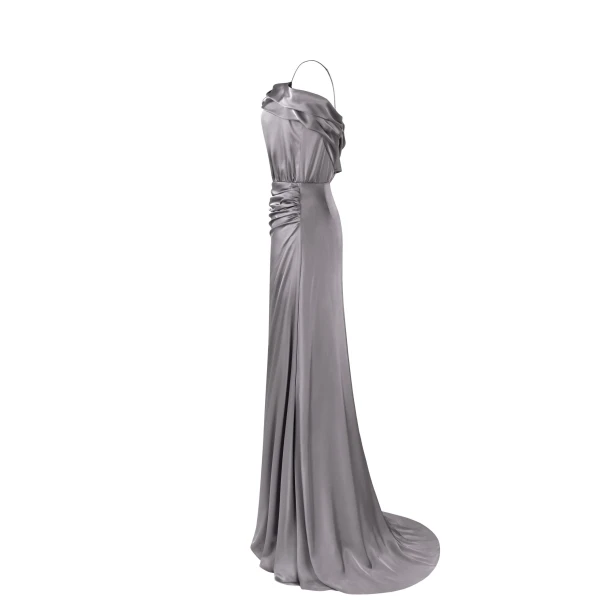 Elegant silver off-the-shoulder silk maxi dress - Image 7