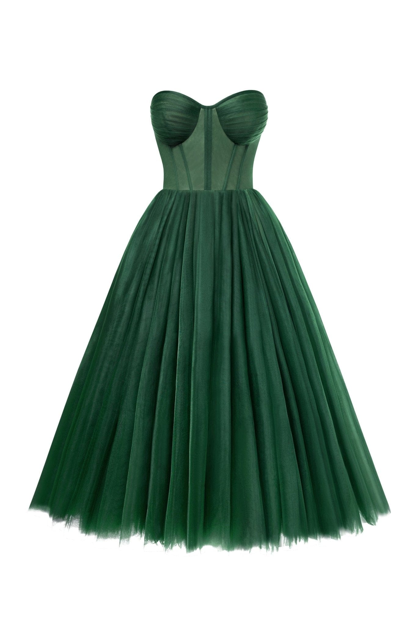 Milla Emerald Green Strapless Puffy Midi Tulle Dress