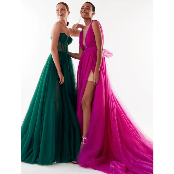 Emerald Green Tulle Maxi Dress with a Corset Bustier - Image 7