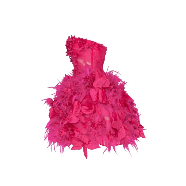 Epic fuchsia tulle mini dress with floral and feather application - Image 7