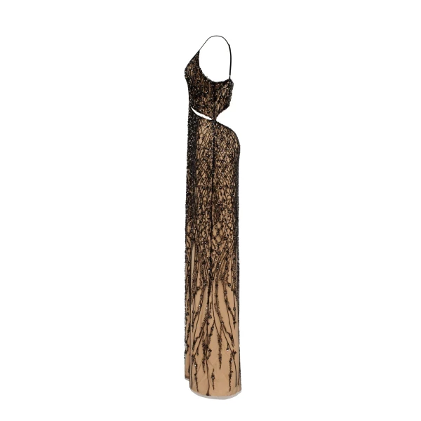 Gala-worthy beige maxi dress covered in black sequined ornament - Image 7