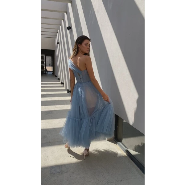 Light Blue One-Shoulder Cocktail Tulle Dress - Image 7
