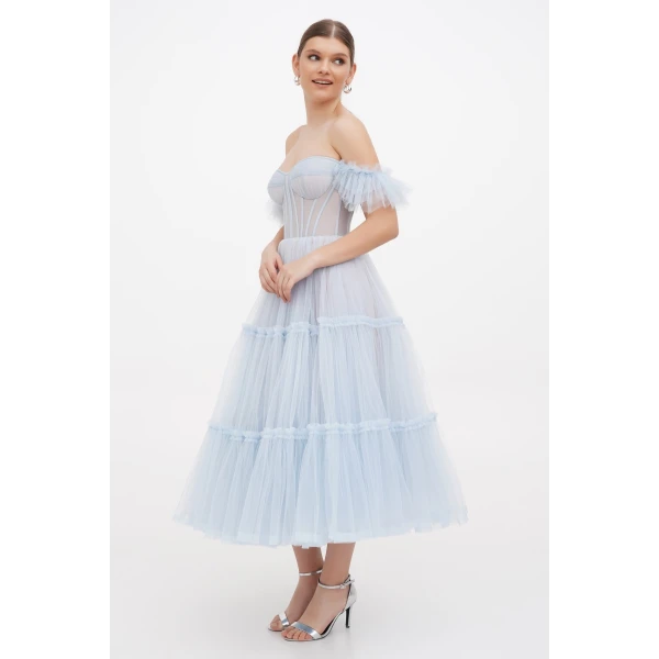 Light Blue Ruffled Tulle Midi Dress - Image 7