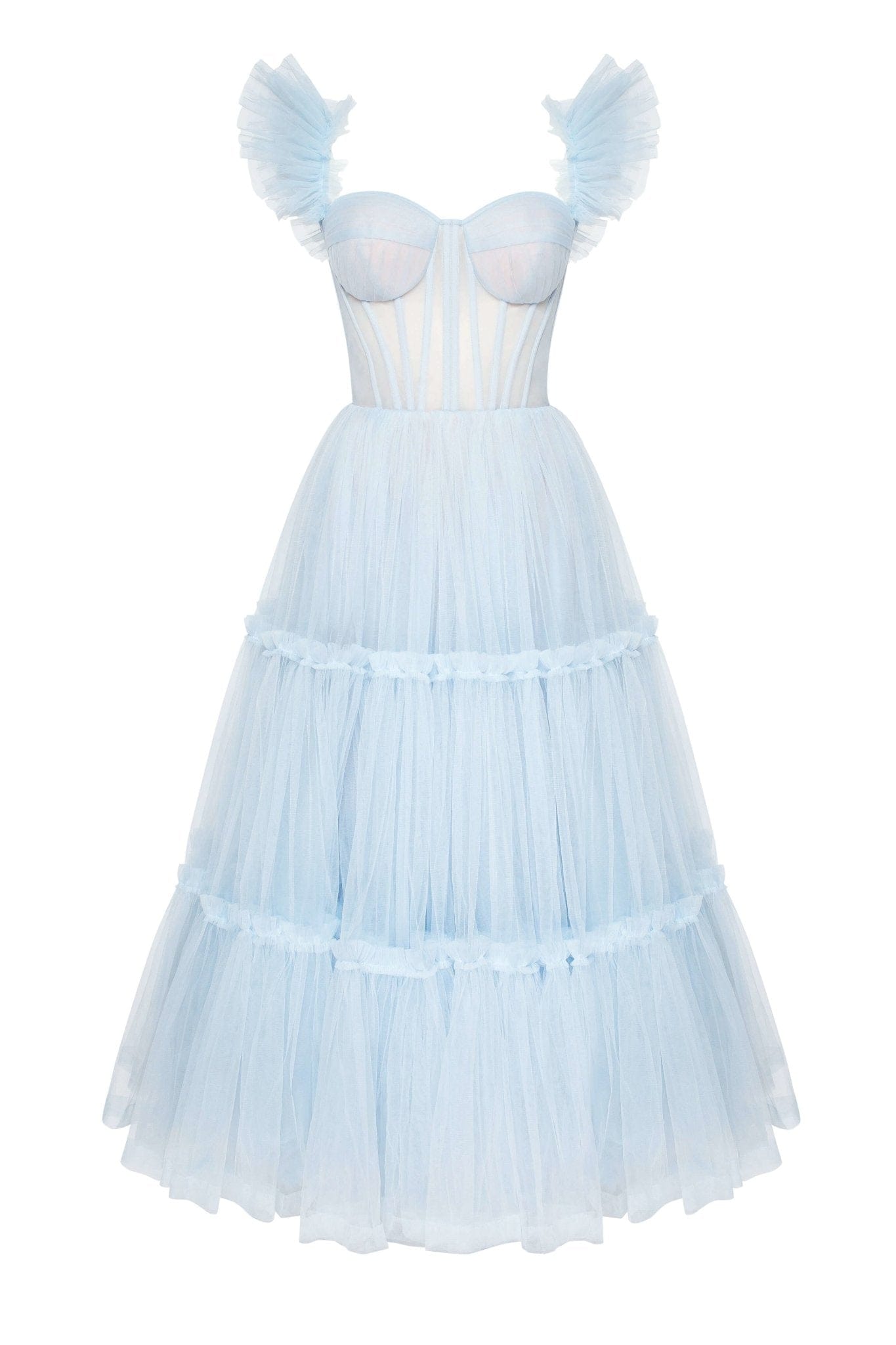 Milla Light Blue Ruffled Tulle Midi Dress