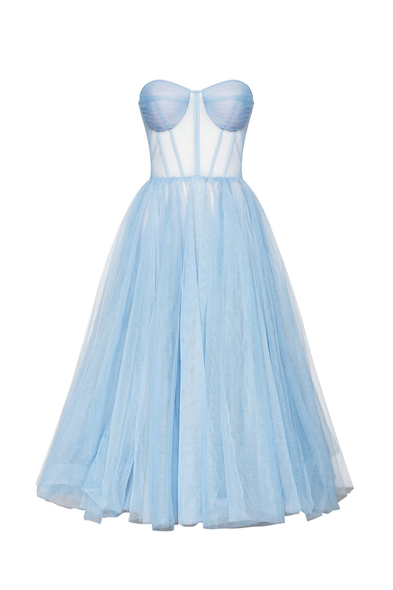 Milla Light Blue Strapless Puffy Midi Tulle Dress