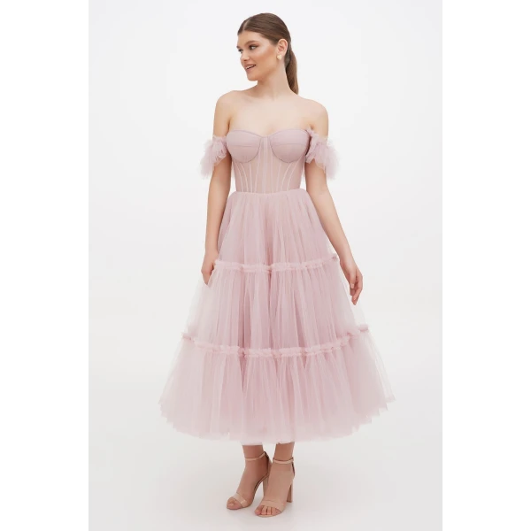 Misty Rose Ruffled Tulle Midi Dress - Image 7