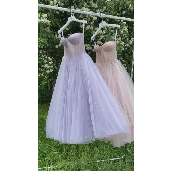 Misty Rose Strapless Puffy Midi Tulle Dress - Image 7