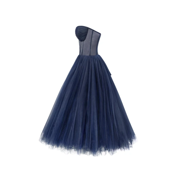 Navy Strapless Puffy Midi Tulle Dress - Image 7