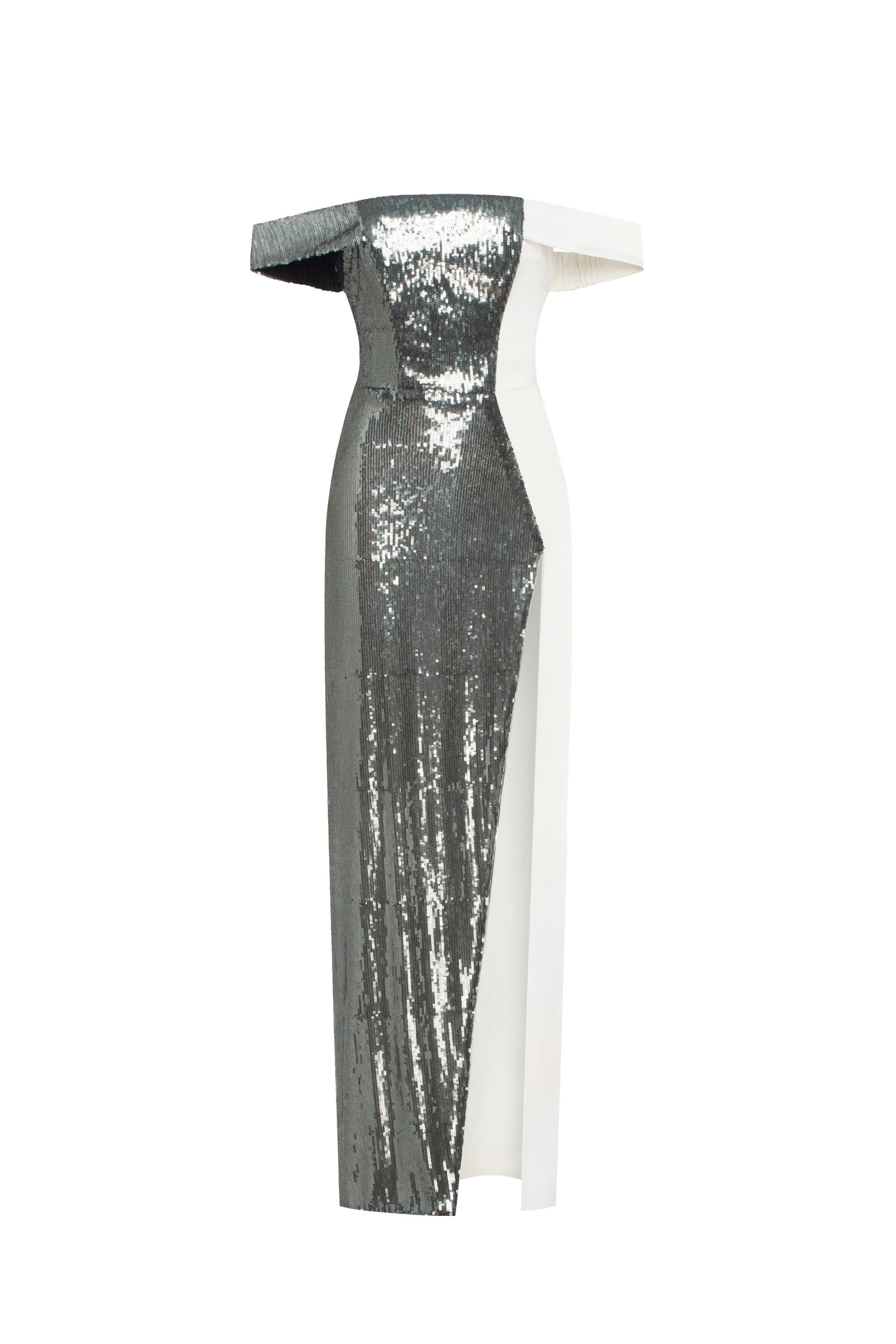 Milla Noteworthy white satin maxi gown covered in silver sequins Milla dress