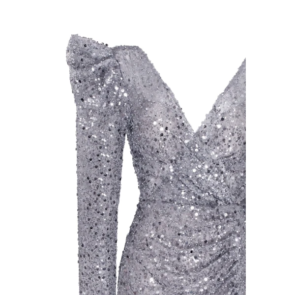 Silver metallic long-sleeve sequined mini dress - Image 7