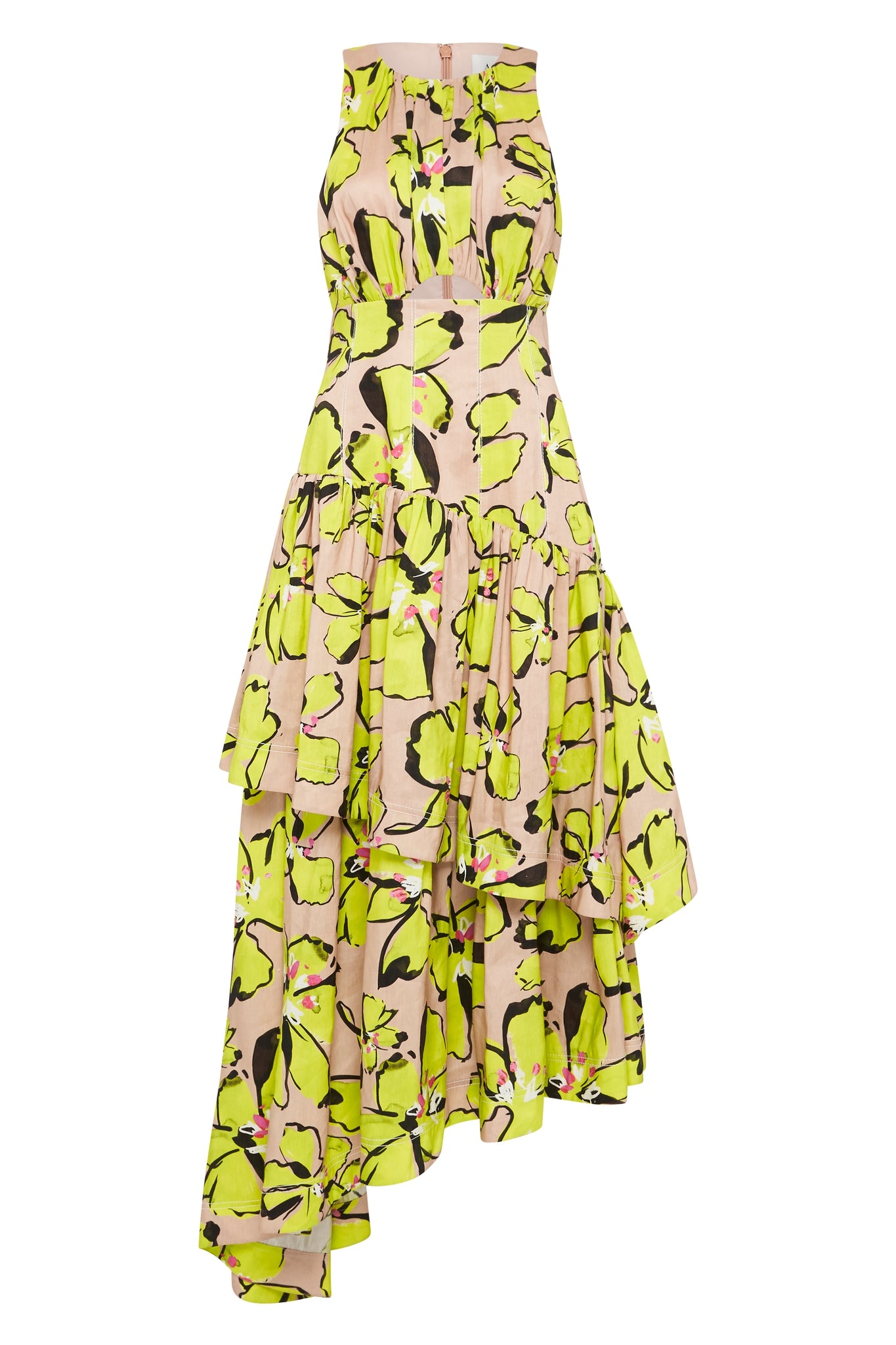 Aje Pelicano Citrus Bloom Racer Asymmetric Tiered Dress