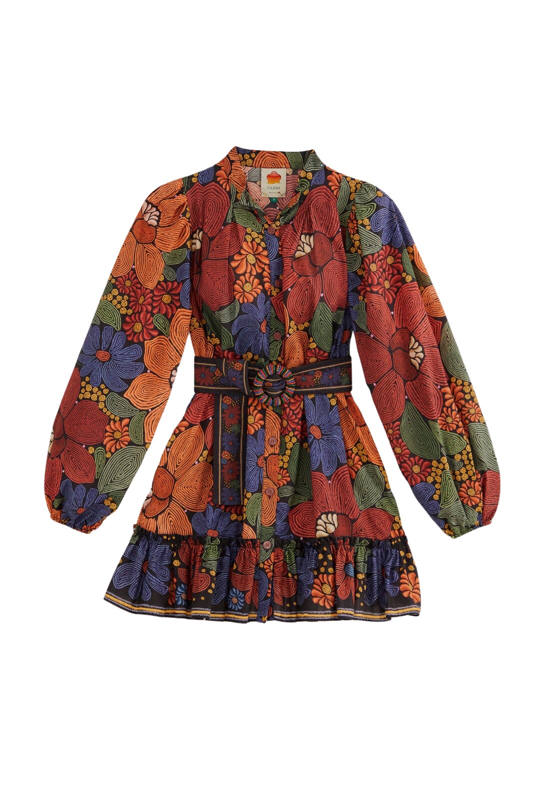 Farm Rio Black Stitched Flowers Long Sleeve Mini Dress