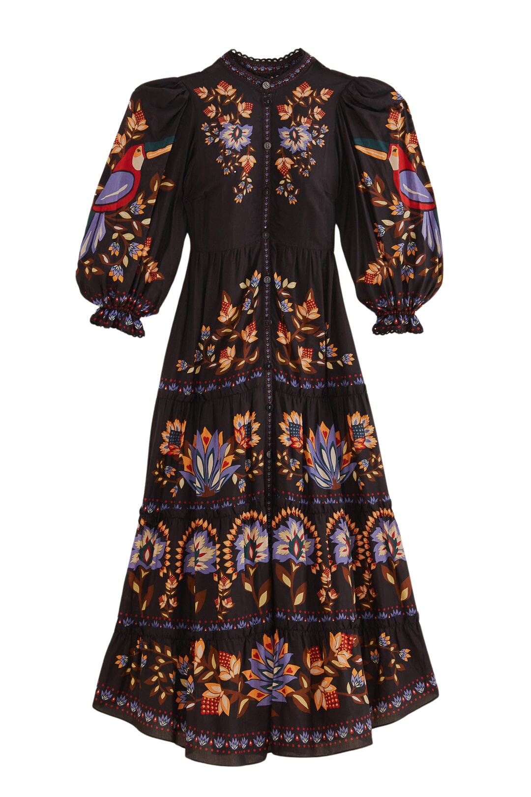 Farm Rio Black Winter Garden Long Sleeve Maxi Dress