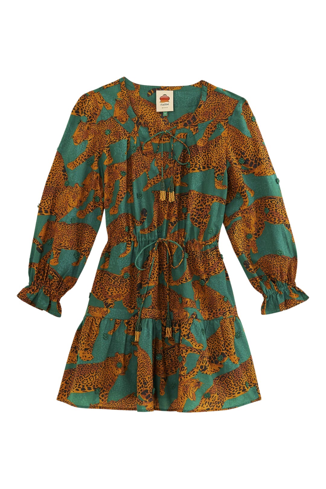 Farm Rio Green Artsy Leopards Long Sleeve Mini Dress
