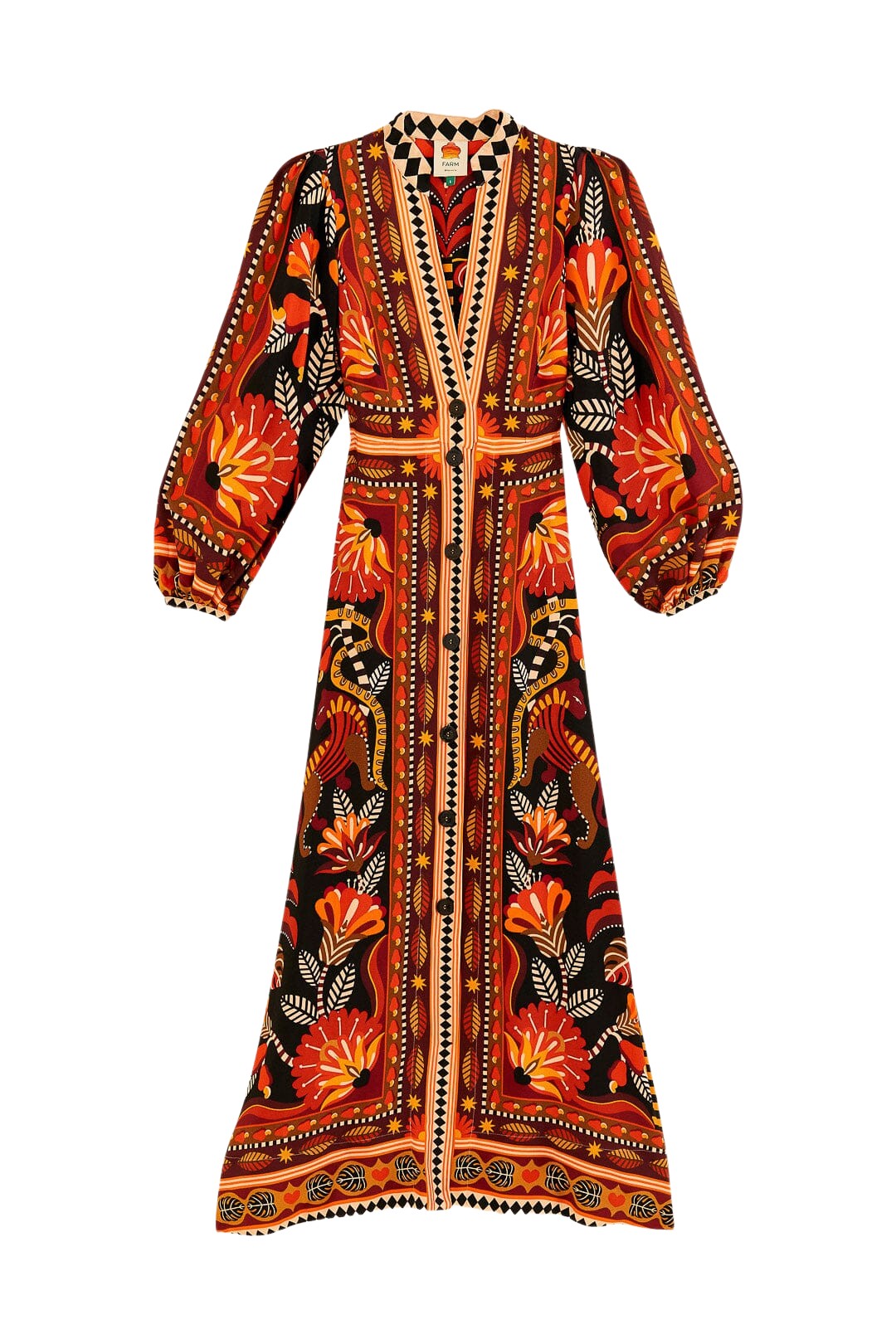 Farm Rio Red Nature Beauty Scarf Long Sleeve Maxi Dress