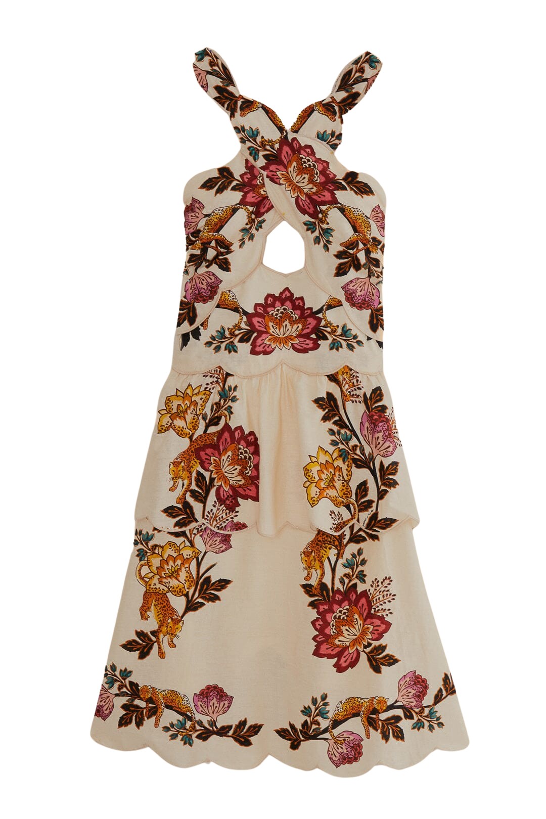 Farm Rio Sand Leopard Flowers Cut Out Midi Dress